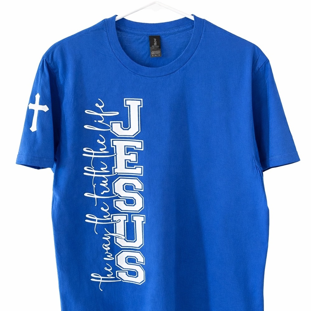 Custom Jesus Faith Christian Graphic T-Shirt Blue - Unisex Medium Handmade